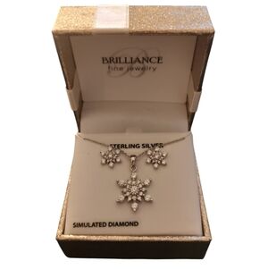 Simulated Diamond Snowflake Sterling Silver Necklace And Earrings Set 925 NWT
